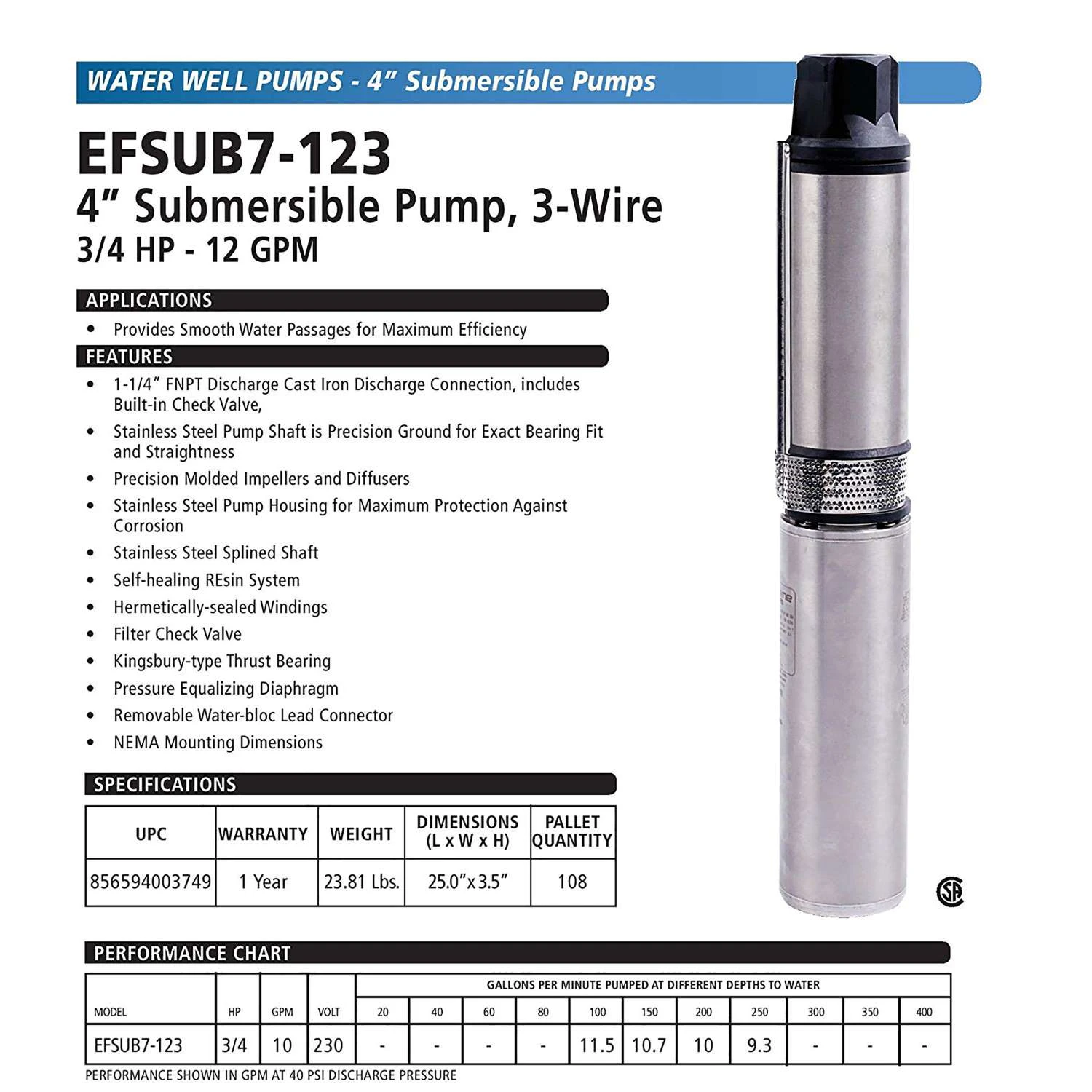 ECO-FLO 3/4 HP 3 Wire 720 Gph Stainless Steel Submersible Pump 2 ECO-FLO 3/4 HP 3 Wire 720 Gph Stainless Steel Submersible Pump - Image 2