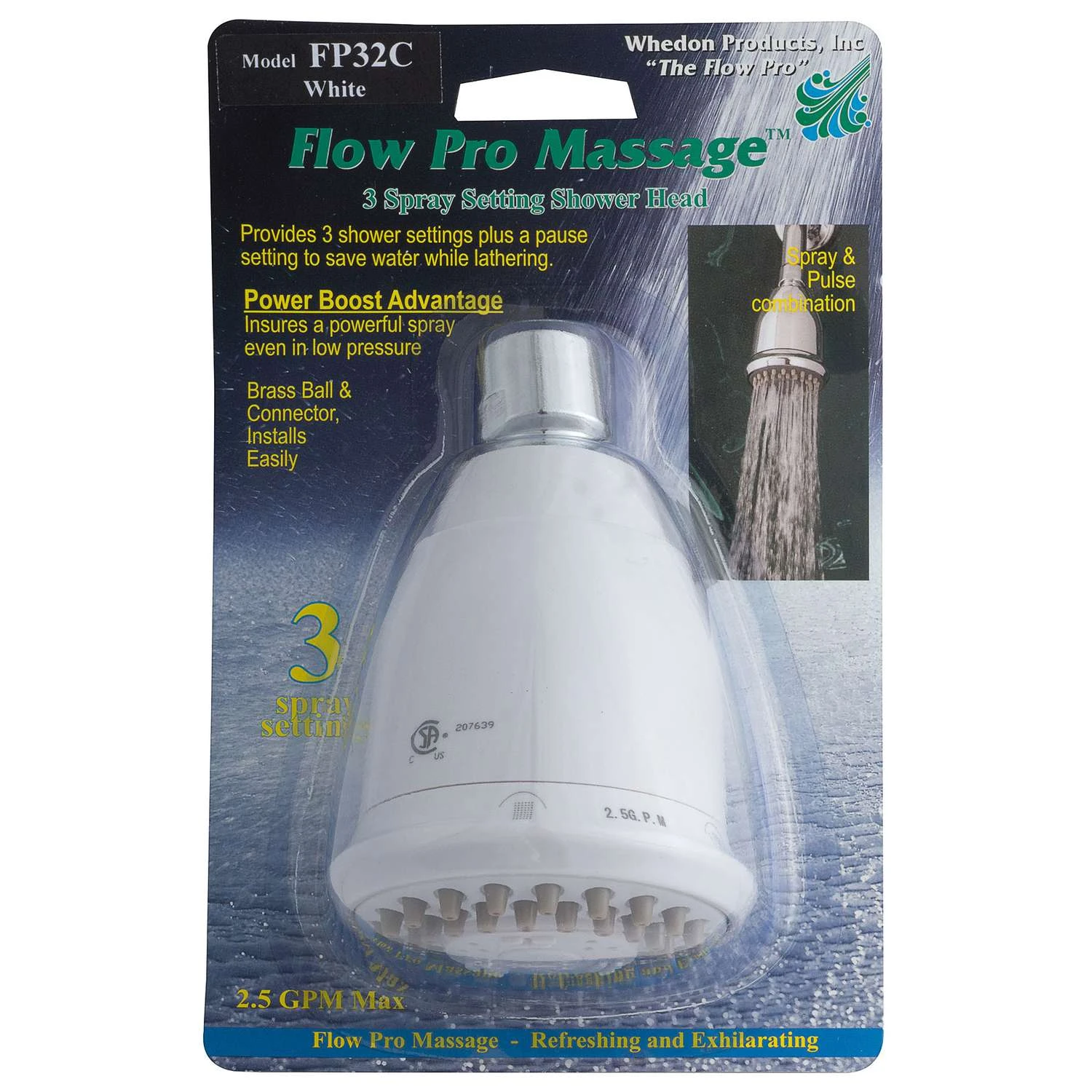 Whedon Flow Pro Massage White Plastic 3 Settings Showerhead 2.5 Gpm 2 Whedon Flow Pro Massage White Plastic 3 Settings Showerhead 2.5 Gpm - Image 2