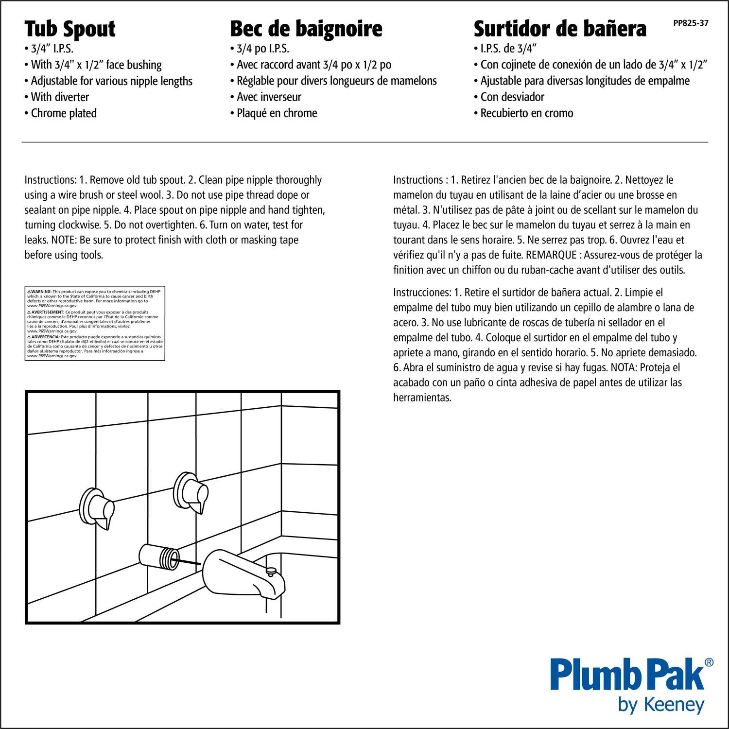 Plumb Pak 1-Handle Chrome Tub Spout With Adapter Kit 3 Plumb Pak 1-Handle Chrome Tub Spout With Adapter Kit - Image 3