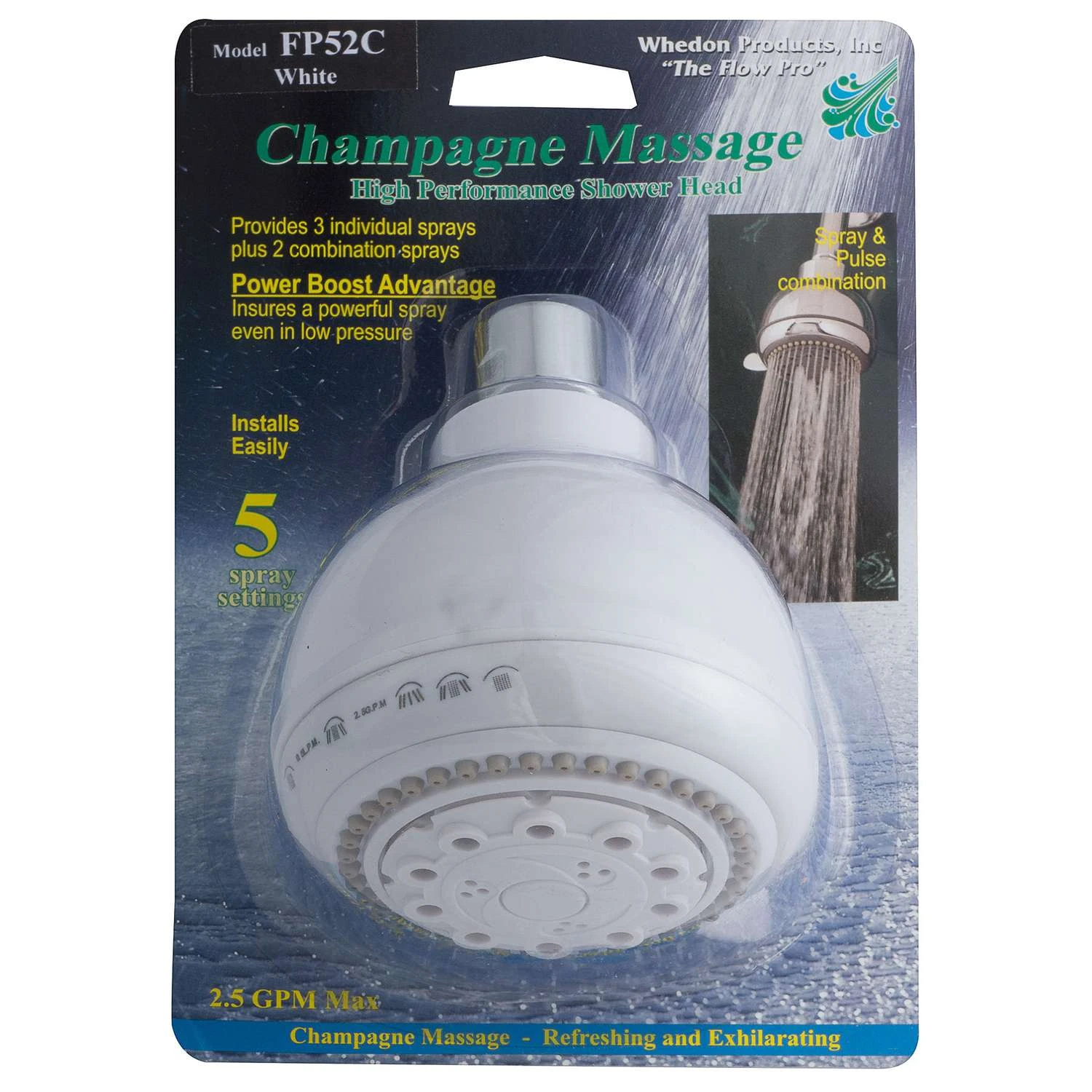 Whedon Champagne Massage White Plastic 5 Settings Showerhead 2.5 Gpm 2 Whedon Champagne Massage White Plastic 5 Settings Showerhead 2.5 Gpm - Image 2