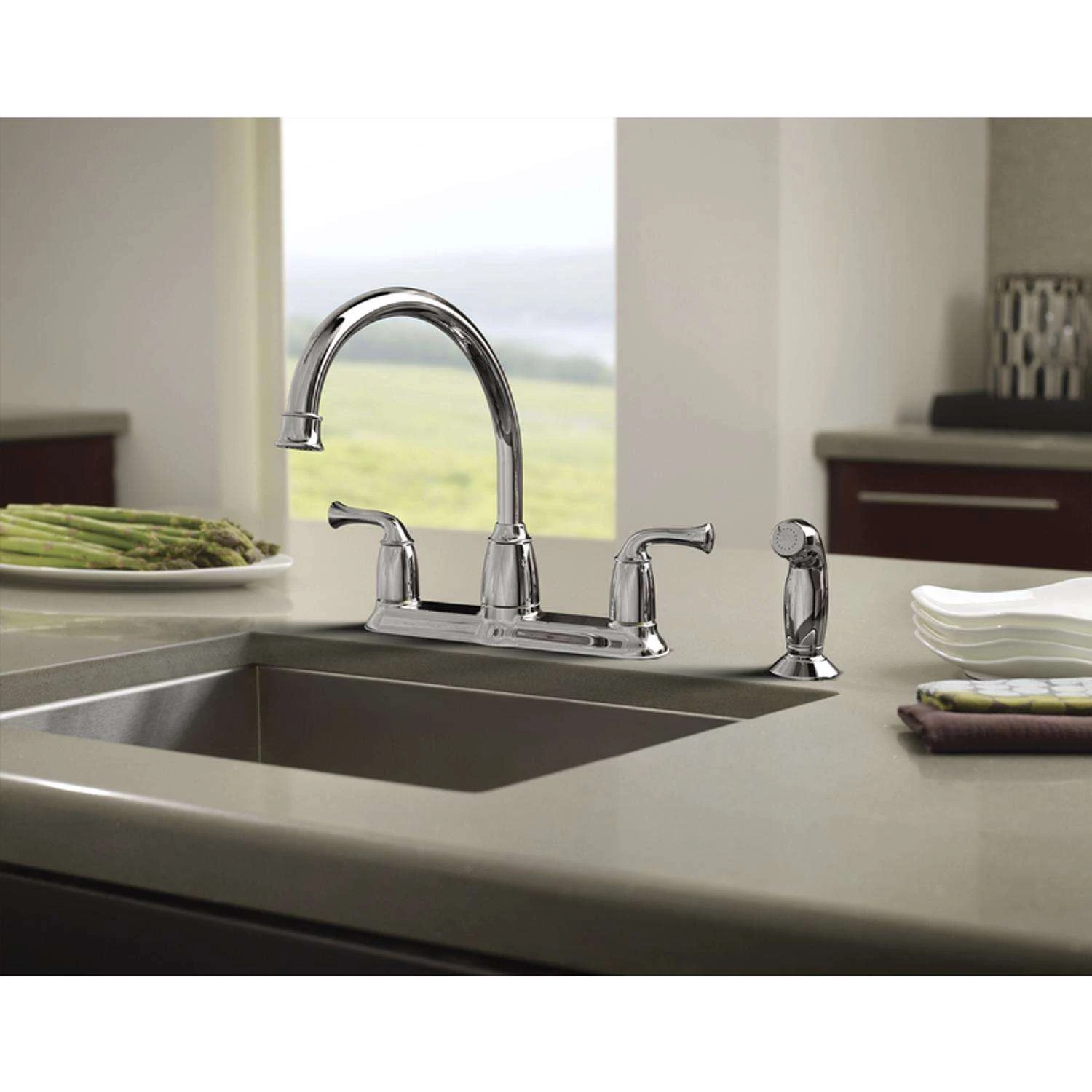 Moen Banbury Two Handle Chrome Kitchen Faucet Side Sprayer Included 2 Moen Banbury Two Handle Chrome Kitchen Faucet Side Sprayer Included - Image 2