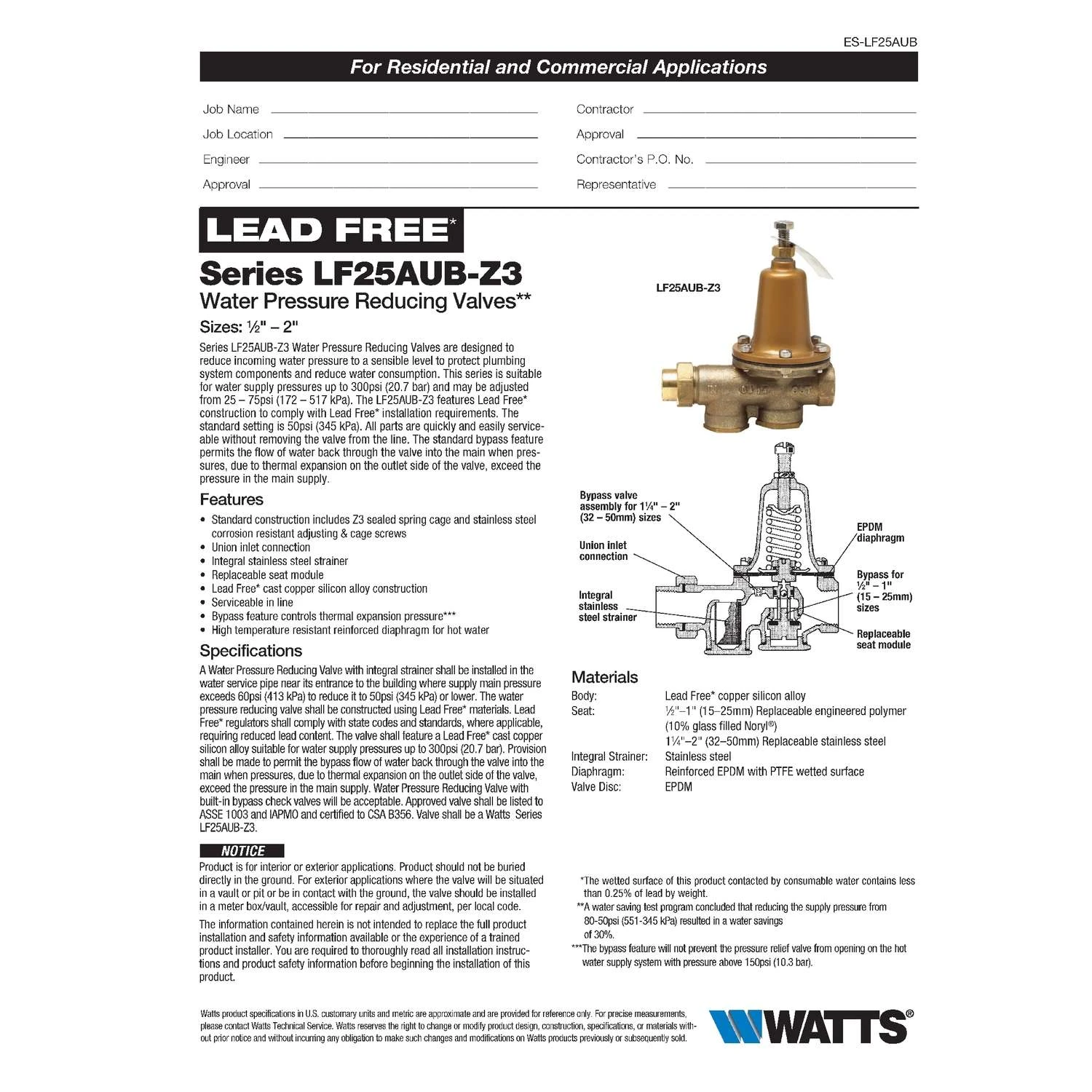 Watts 1/2 In. Female Threaded Union Brass Water Pressure Reducing Valve 1/2 In. FNPT 1 Pk 2 Watts 1/2 In. Female Threaded Union Brass Water Pressure Reducing Valve 1/2 In. FNPT 1 Pk - Image 2