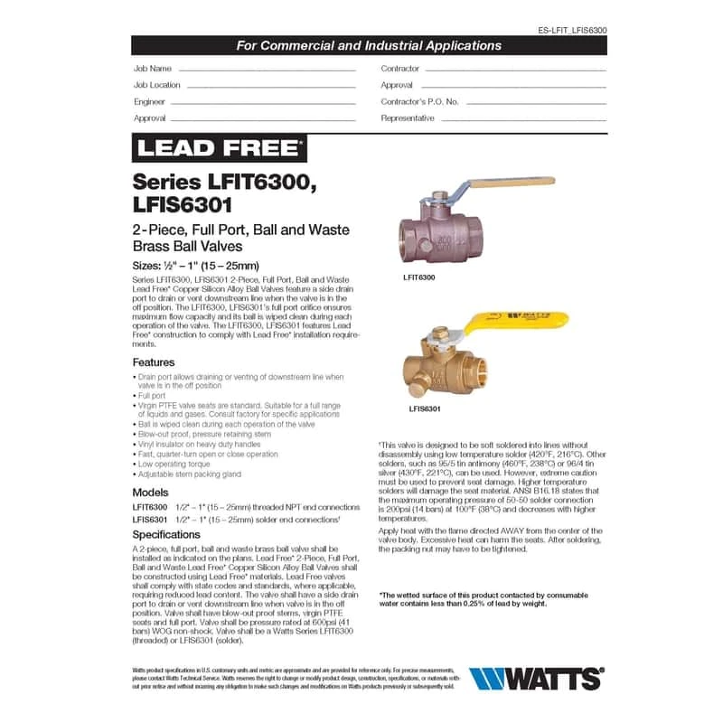 Watts 1/2 In. Brass Solder Ball Valve With Drain Full Port 2 Watts 1/2 In. Brass Solder Ball Valve With Drain Full Port - Image 2