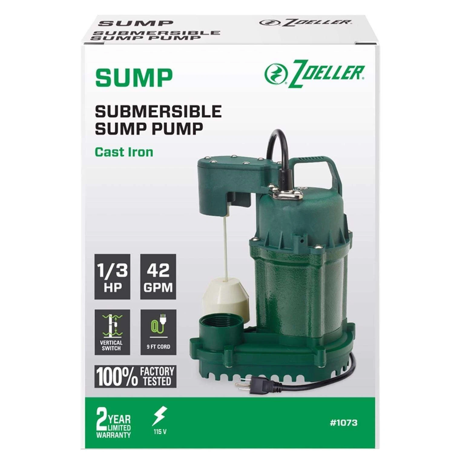 Zoeller 1/3 HP 2520 Gph Cast Iron Vertical Float Switch AC Submersible Sump Pump 1 Zoeller 1/3 HP 2520 Gph Cast Iron Vertical Float Switch AC Submersible Sump Pump